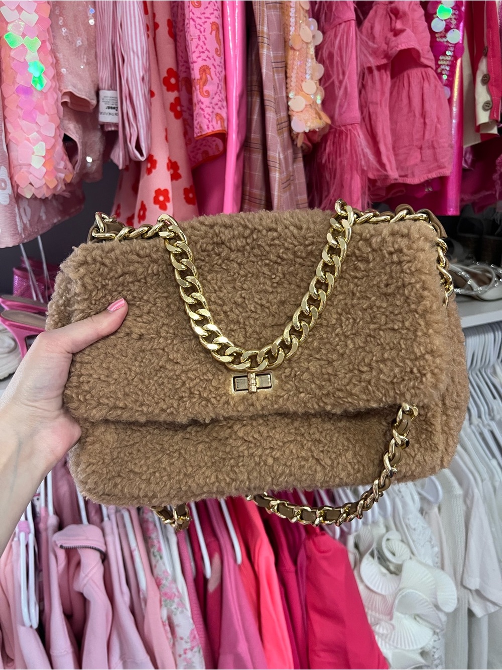 Teddy Faux-Shearling Chain Shoulder Bag - Brown